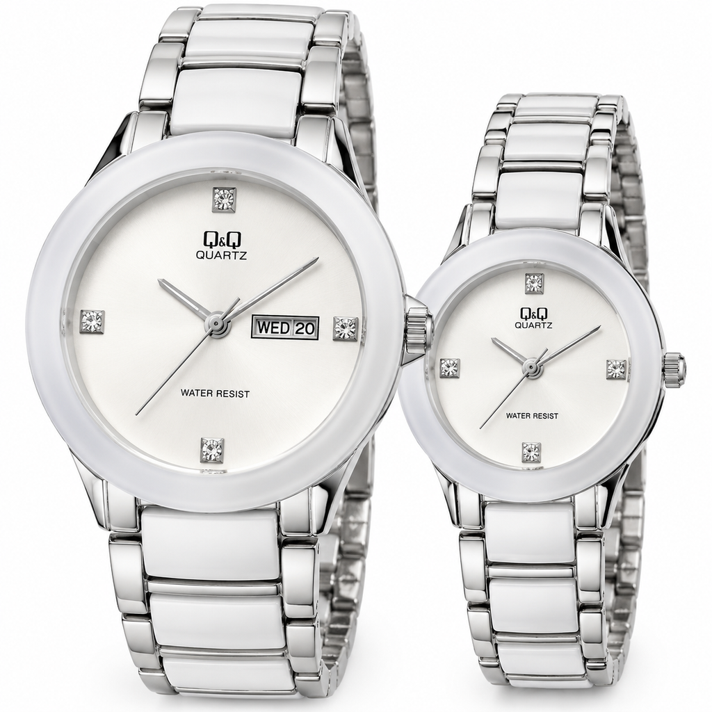 Q&Q His & Hers White & Silver Watch Set – Matching Couple Watches
