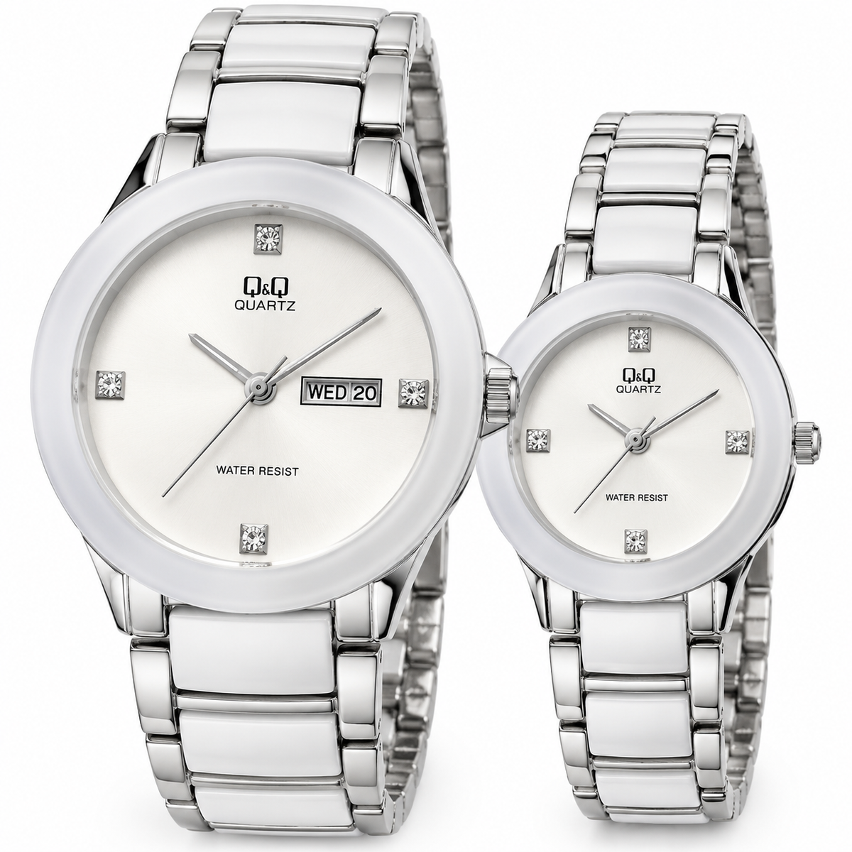 Q&Q His & Hers White & Silver Watch Set – Matching Couple Watches