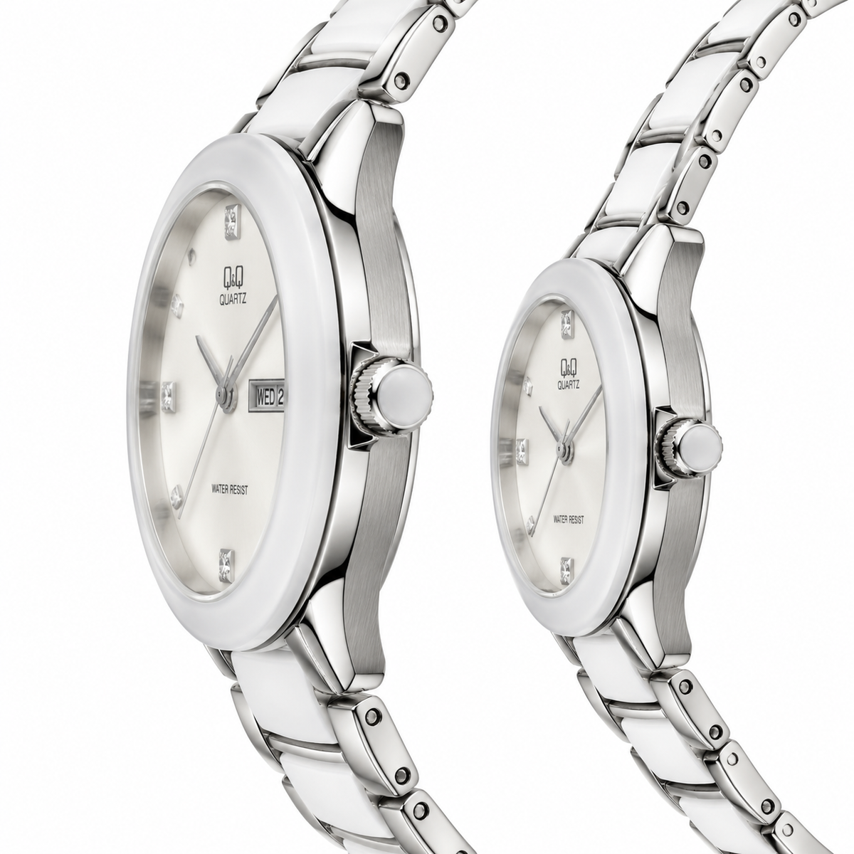 Q&Q His & Hers White & Silver Watch Set – Matching Couple Watches