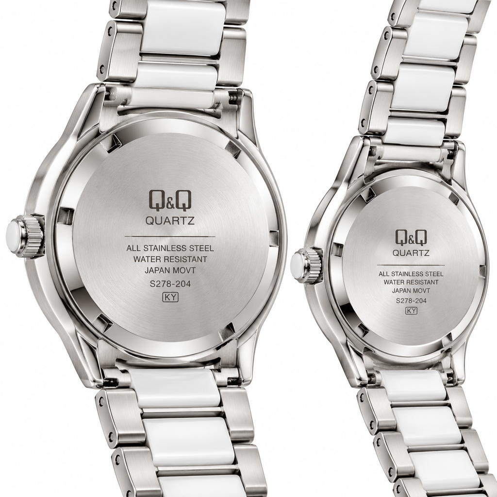 Q&Q His & Hers White & Silver Watch Set – Matching Couple Watches