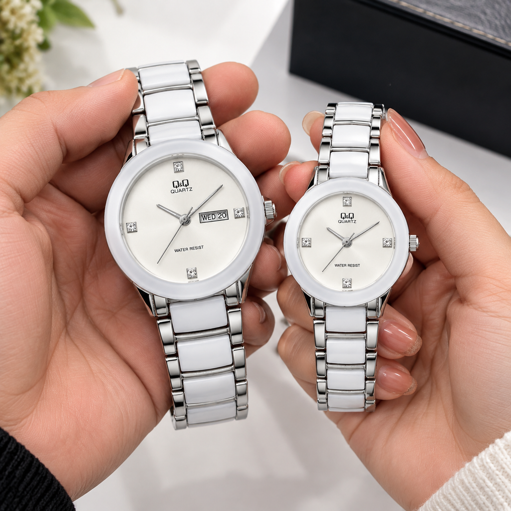 Q&Q His & Hers White & Silver Watch Set – Matching Couple Watches